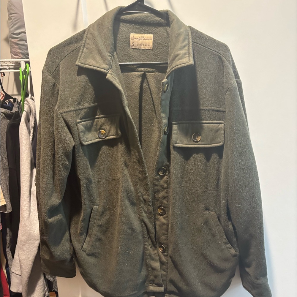 Olive Green Button-Down Fleece Shirt Jacket